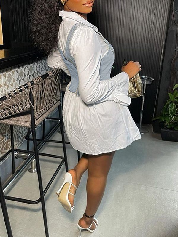 Bell-Sleeve Shirt Dress with Denim Vest--Clearance