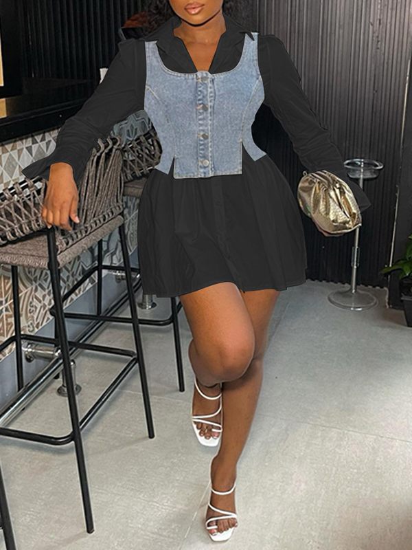 Bell-Sleeve Shirt Dress with Denim Vest--Clearance