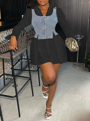 Bell-Sleeve Shirt Dress with Denim Vest--Clearance