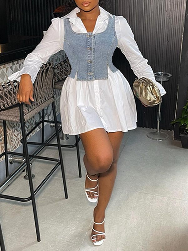 Bell-Sleeve Shirt Dress with Denim Vest--Clearance