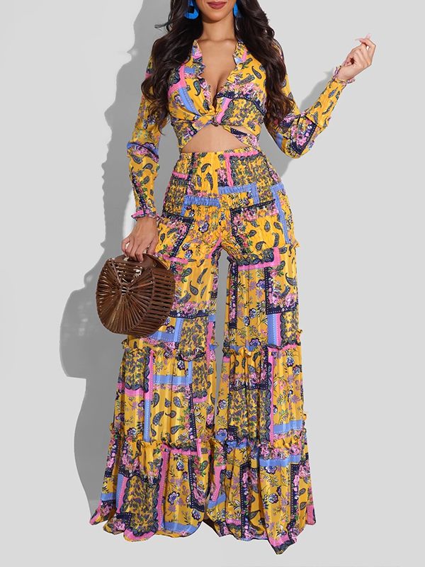 Indiebeautie Printed Tied Top & Wide-Leg Pants Set