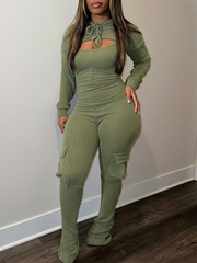 Indiebeautie Solid Cropped Hoodie & Cargo Jumpsuit Set