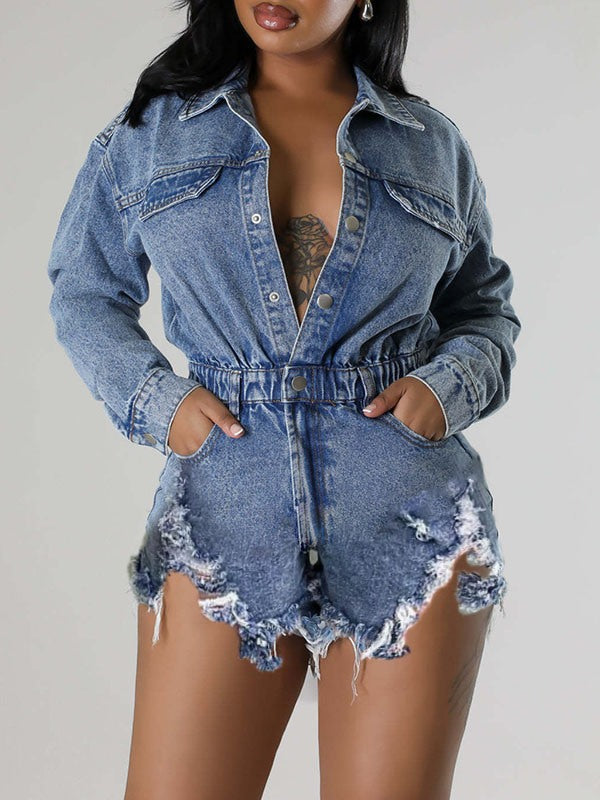 Indiebeautie Distressed Snap-Front Denim Romper