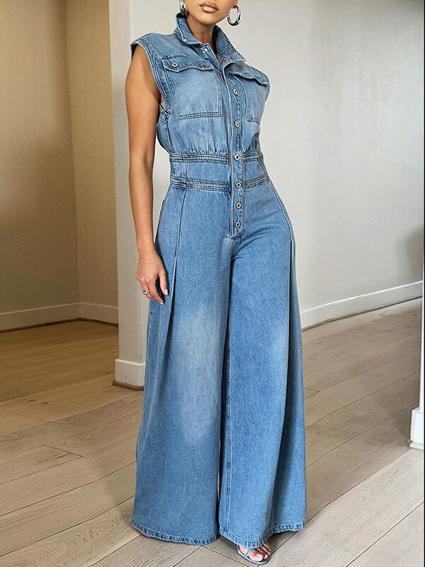 Indiebeautie Button-Front Denim Jumpsuit