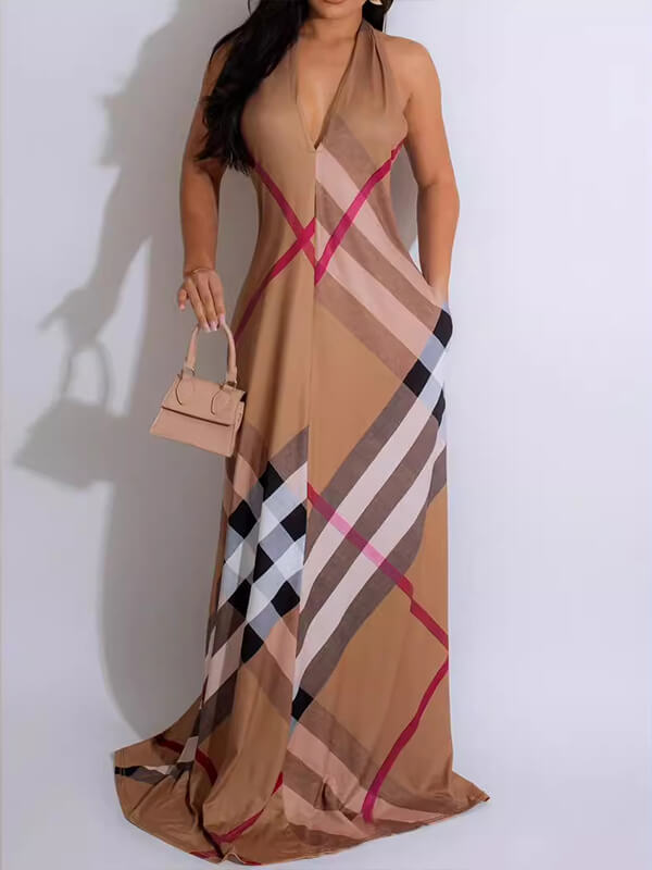 Indiebeautie Plaid Halter Maxi Dress