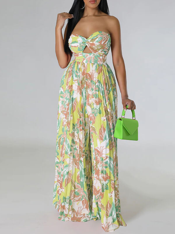 Printed Strapless Pleated Jumpsuit