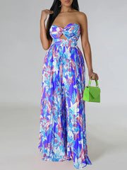 Printed Strapless Pleated Jumpsuit