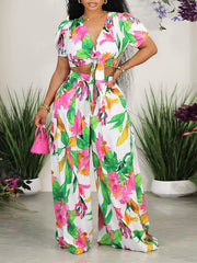 Printed Tied Top & Wide-Leg Pants Set--Clearance