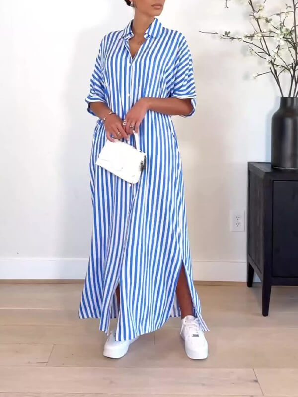 Indiebeautie Stripe Side-Slit Shirt Dress