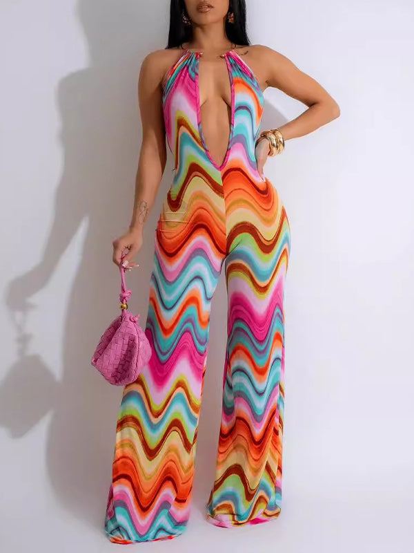 Printed Plunge Halter Jumpsuit