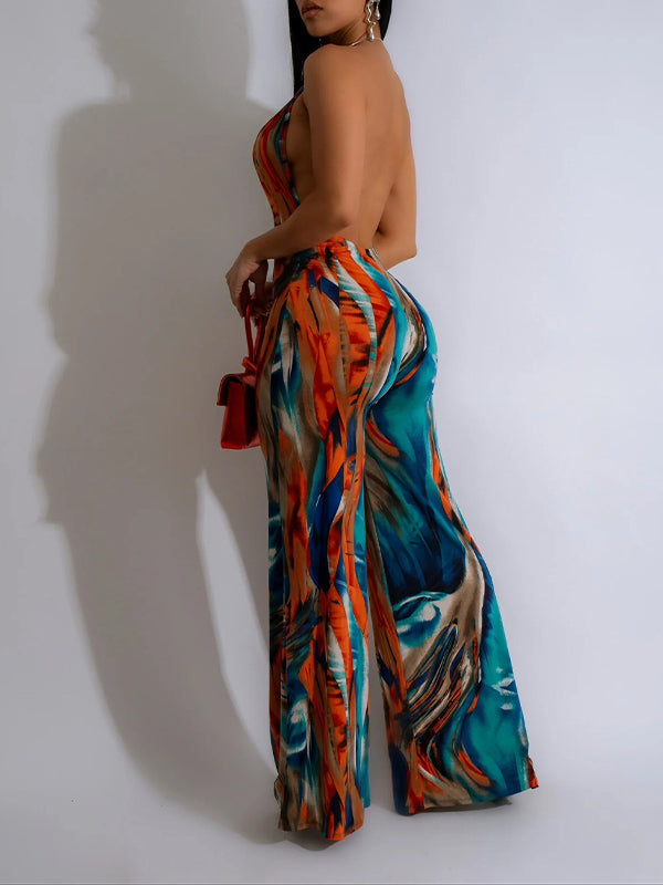 Printed Plunge Halter Jumpsuit