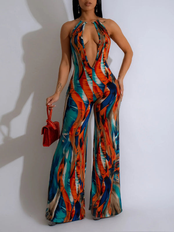 Printed Plunge Halter Jumpsuit