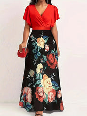 Printed-Combo V-Neck Maxi Dress