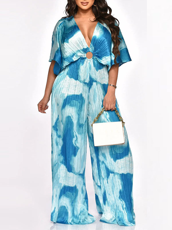 Indiebeautie Printed V-Neck Pleated Wide-Leg Jumpsuit