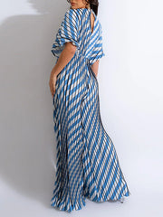 Indiebeautie Printed V-Neck Pleated Wide-Leg Jumpsuit