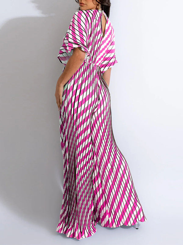 Indiebeautie Printed V-Neck Pleated Wide-Leg Jumpsuit