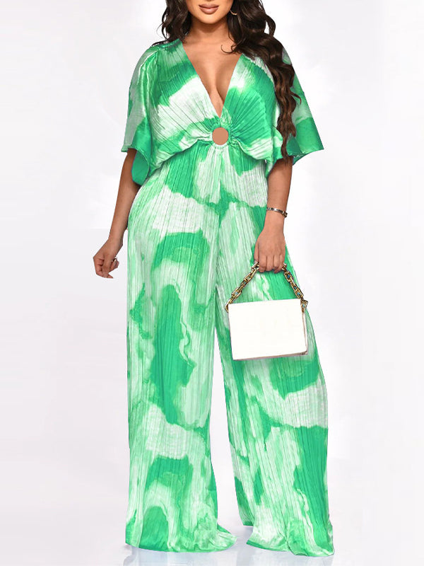 Indiebeautie Printed V-Neck Pleated Wide-Leg Jumpsuit