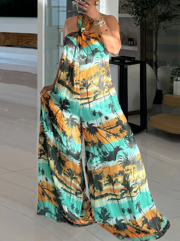 Indiebeautie Printed Halter Wide-Leg Jumpsuit