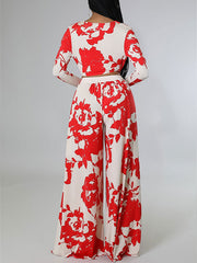 Printed V-Neck Top & Wide-Leg Pants Set