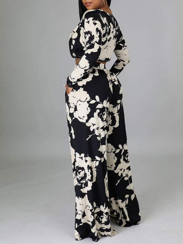 Printed V-Neck Top & Wide-Leg Pants Set