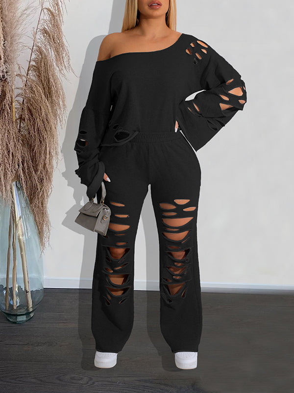 Solid Ripped Pants Set