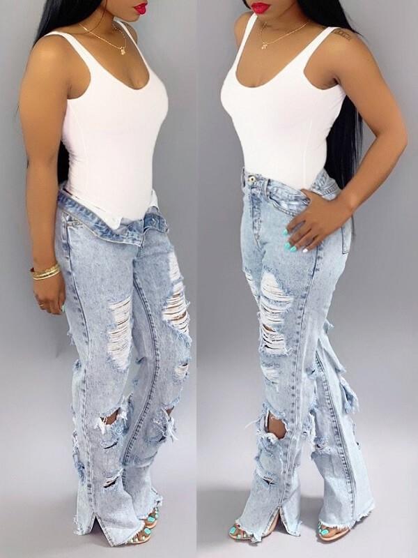 Distressed Side-Slit Jeans--Clearance