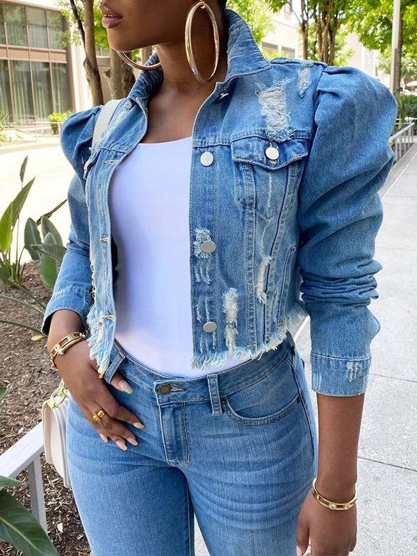 Distressed Puff-Sleeve Denim Jacket--Clearance