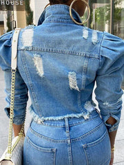 Distressed Puff-Sleeve Denim Jacket--Clearance