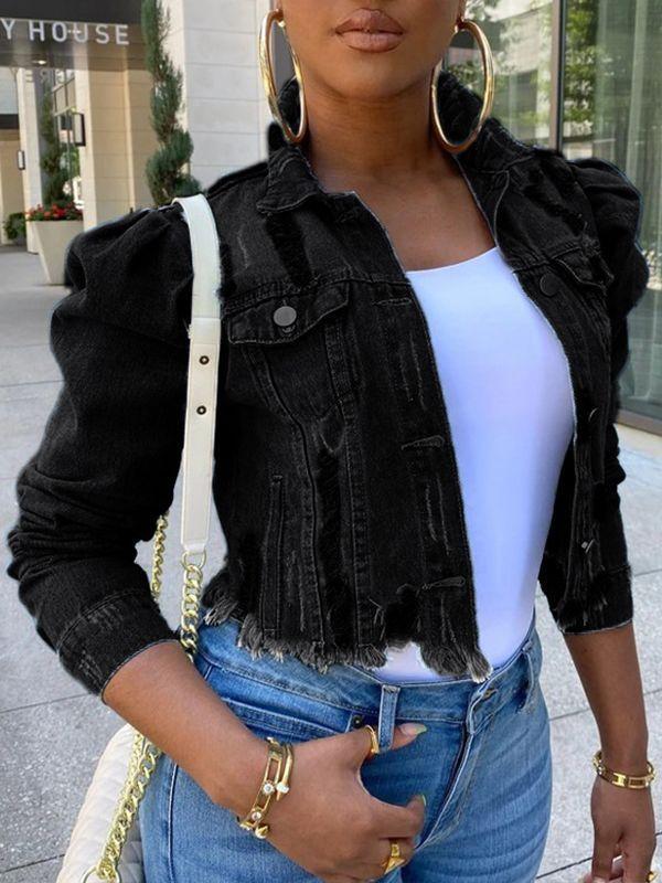 Distressed Puff-Sleeve Denim Jacket--Clearance