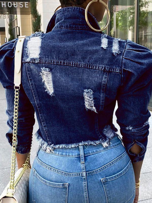 Distressed Puff-Sleeve Denim Jacket--Clearance