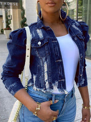 Distressed Puff-Sleeve Denim Jacket--Clearance