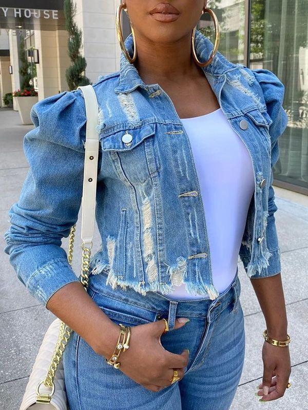 Distressed Puff-Sleeve Denim Jacket--Clearance