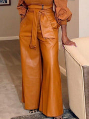 Faux-Leather Wide-Leg Belted Pants--Clearance