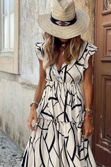 Maxikleid mit Rüschen und V-Ausschnitt und geometrischem Print