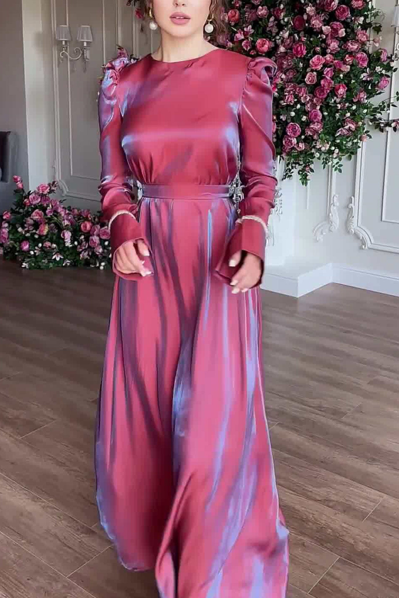 Glitter Glazed Satin Puff Sleeve Midi Dress