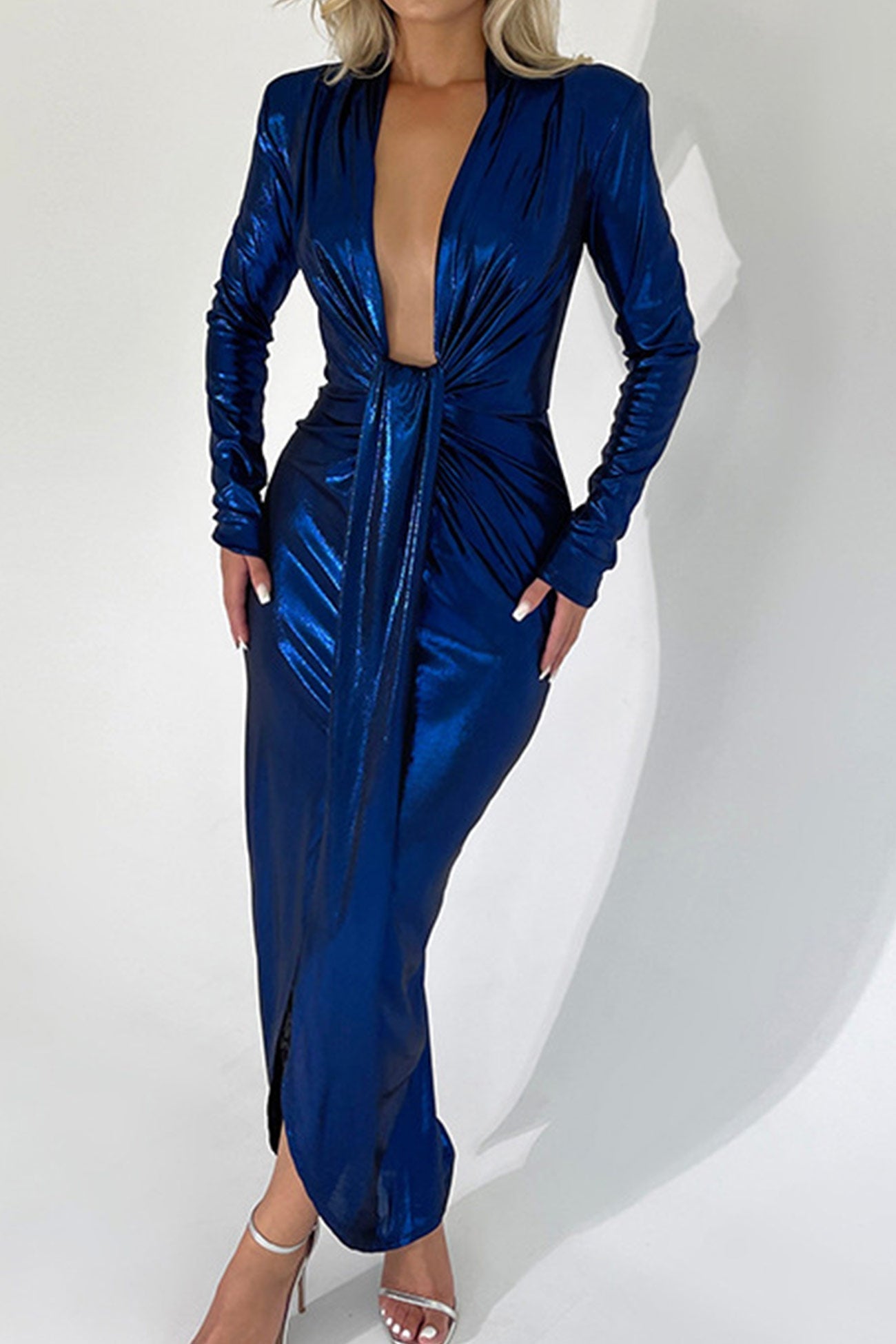 Glossy V Neck Ruched Slit Dress