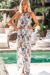 Neckholder-Kleid mit Blumendruck und Schlitz