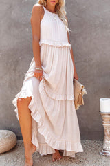 Halter Sleeveless Pleated Tiered Maxi Dress