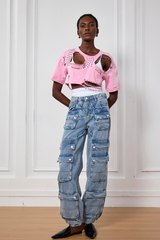 Harlee Hollow Paperclip Embellished T Shirt In Pink