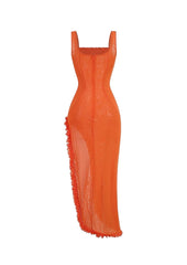 Maxikleid mit Schlitz und Rüschen