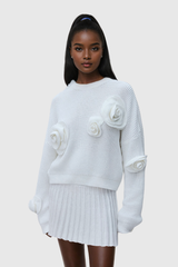 Jasmin Flower Long Sleeve Knit Top In White