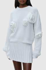 Jasmin Flower Long Sleeve Knit Top In White