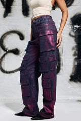 Jayda Metallic Cargo Jeans In Purple