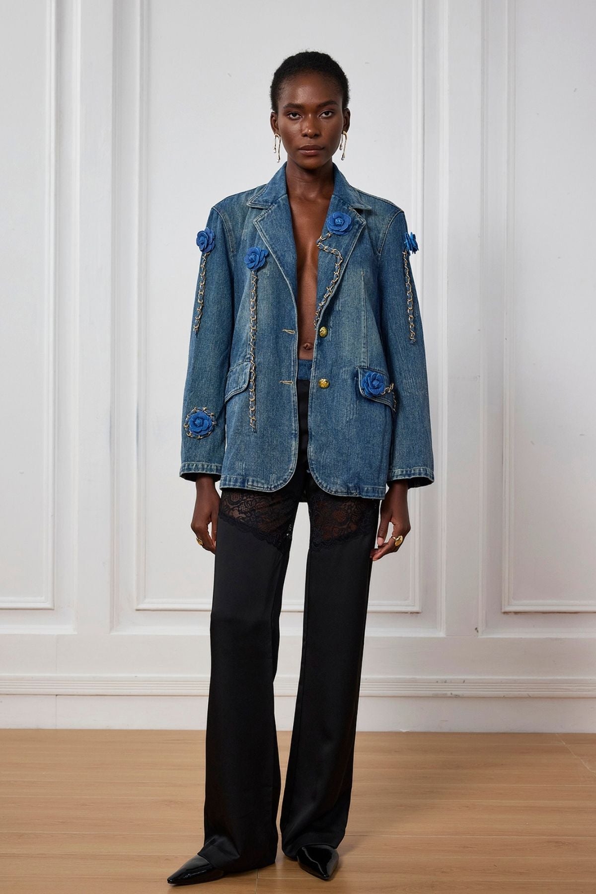 Joelle Flower Chain Lapel Denim Jacket