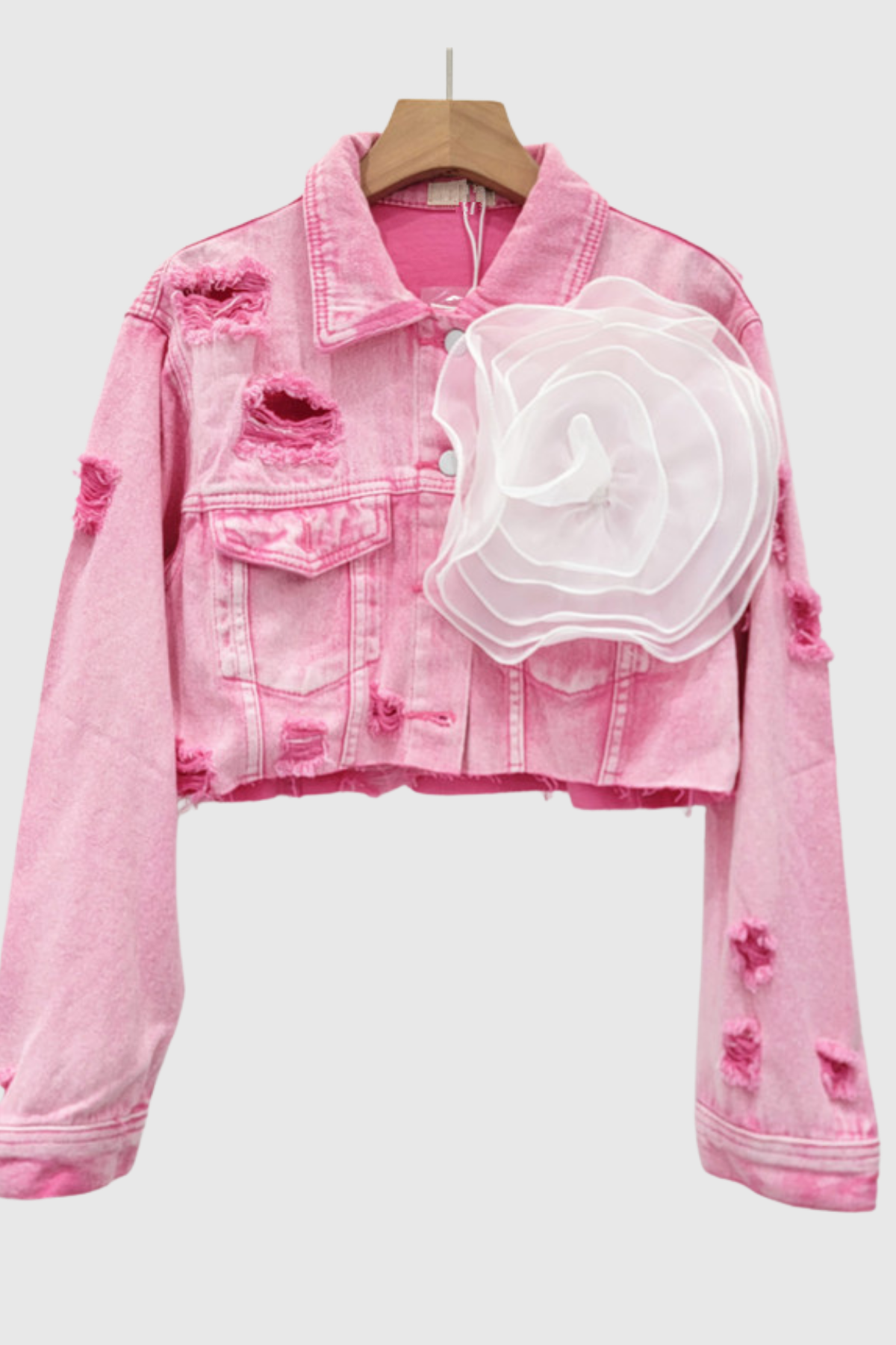 Johanna Torn Flower Denim Jacket In Pink