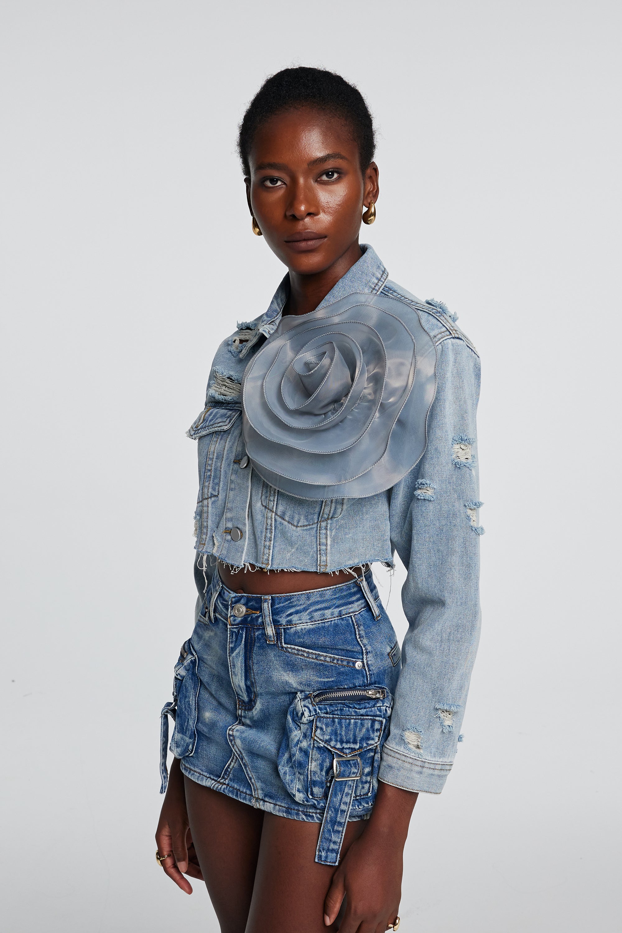 Johanna Torn Flower Denim Jacket In Blue