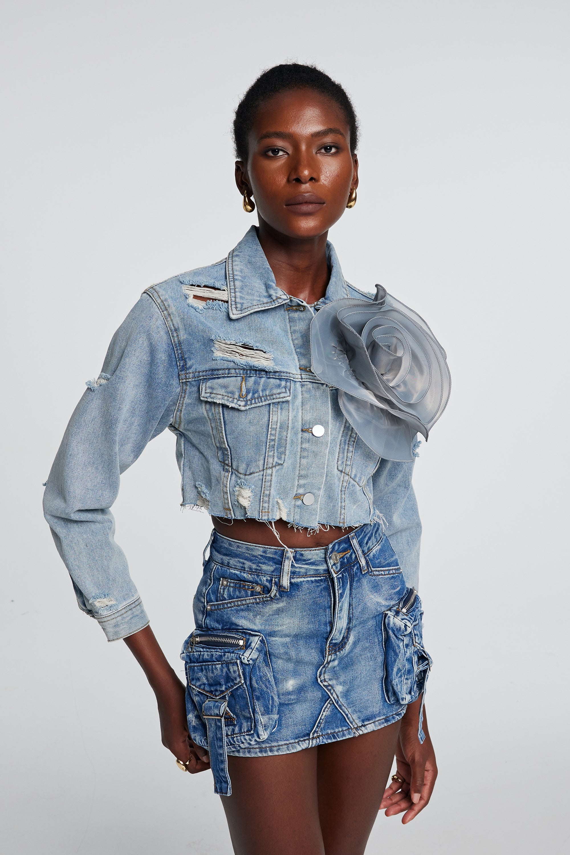 Johanna Torn Flower Denim Jacket In Blue