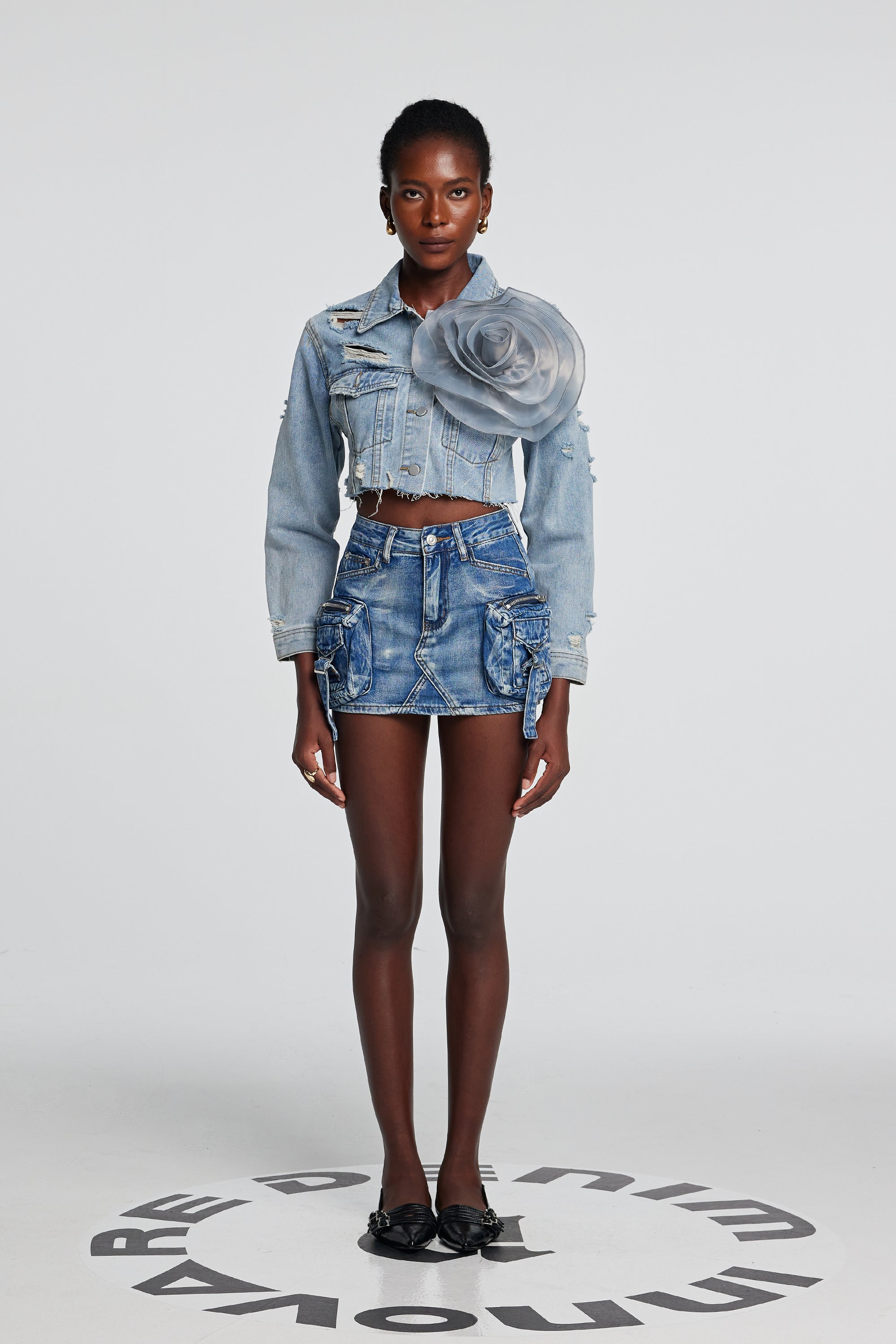 Johanna Torn Flower Denim Jacket In Blue