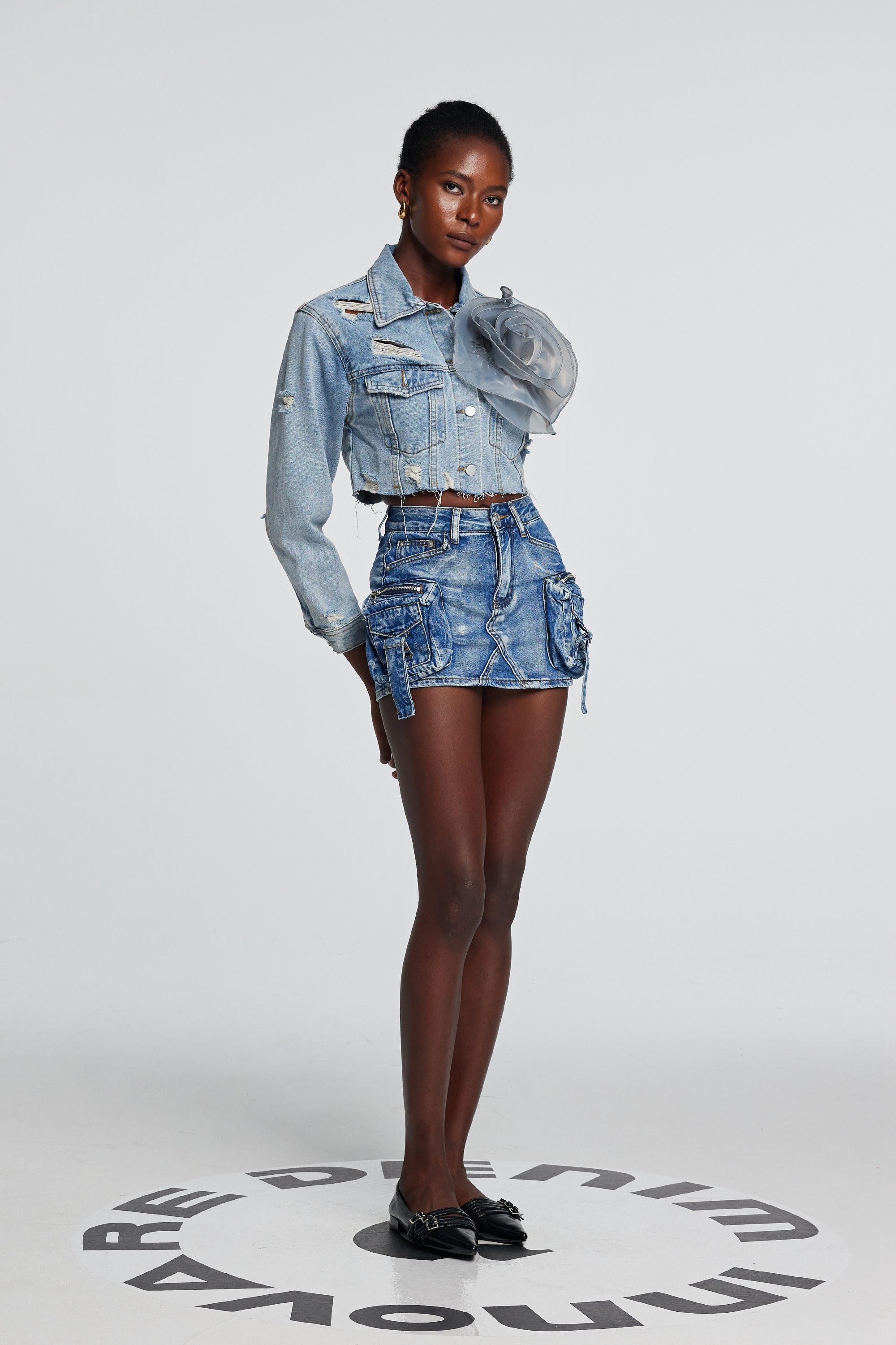 Johanna Torn Flower Denim Jacket In Blue