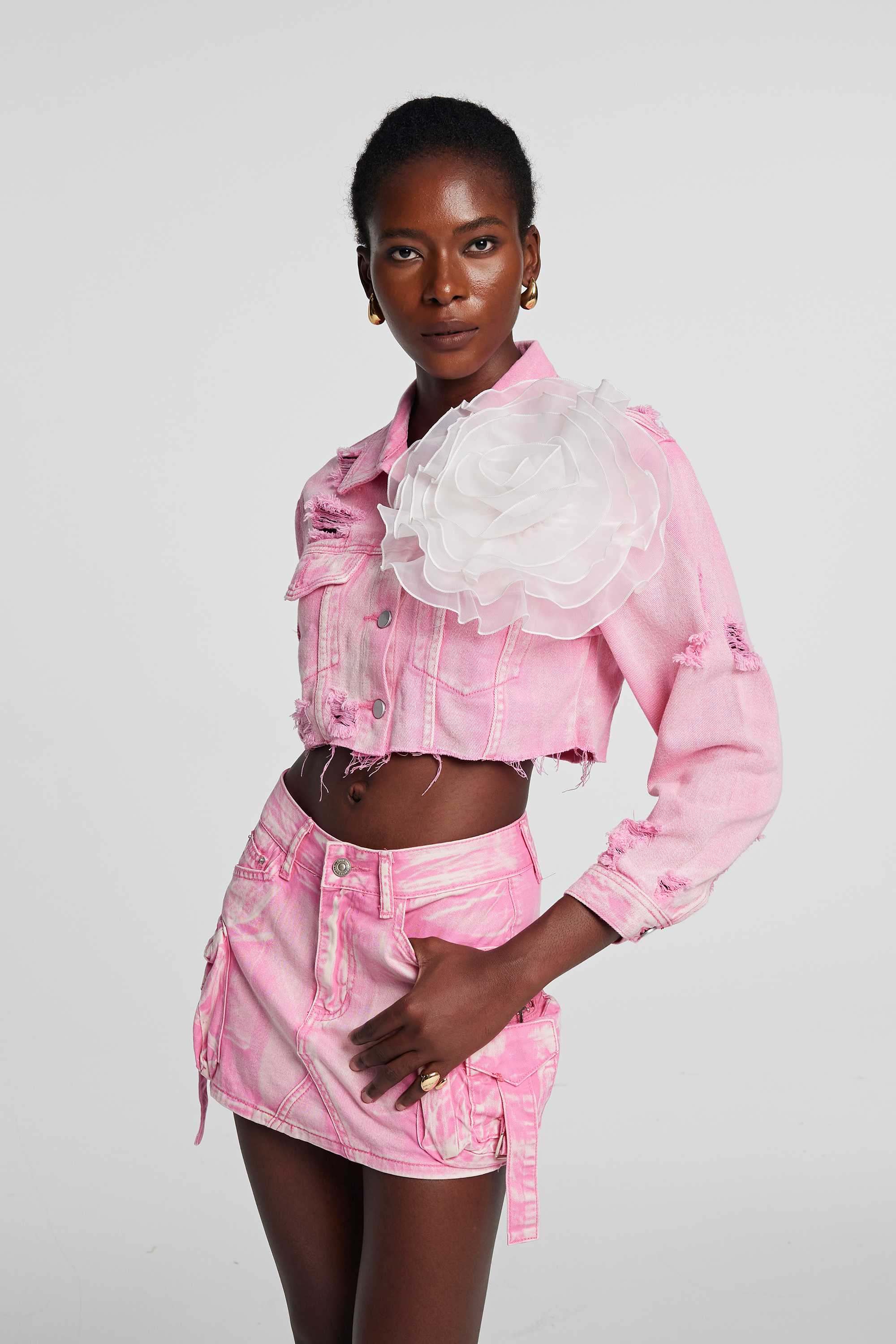 Johanna Torn Flower Denim Jacket In Pink